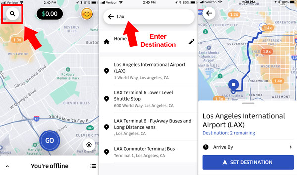 Instructions on how to use the Uber destination filter