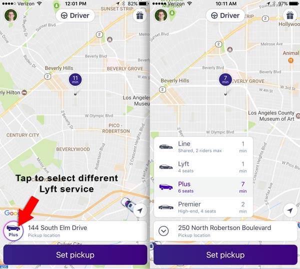 Select between Lyft services