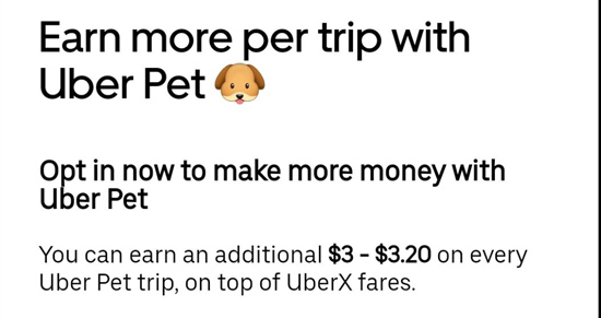 Uber Pet advertisement for drivers saying that it pays more per ride