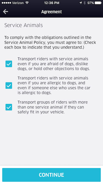 service dog agreement for Uber drivers