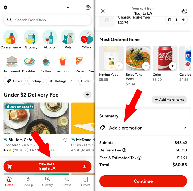 instructions to add a promo code on DoorDash. make an order, visit the cart page, scroll to 'add a promotion'