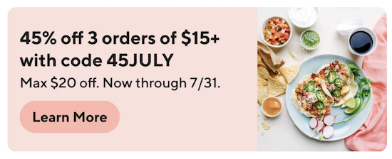 an ad in the doordash to get 45% off 3 orders, up to $20