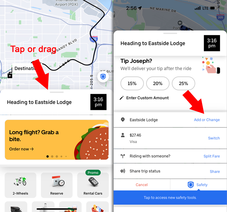 steps to add a stop to an uber trip. tap 'add or change' next to your original destination