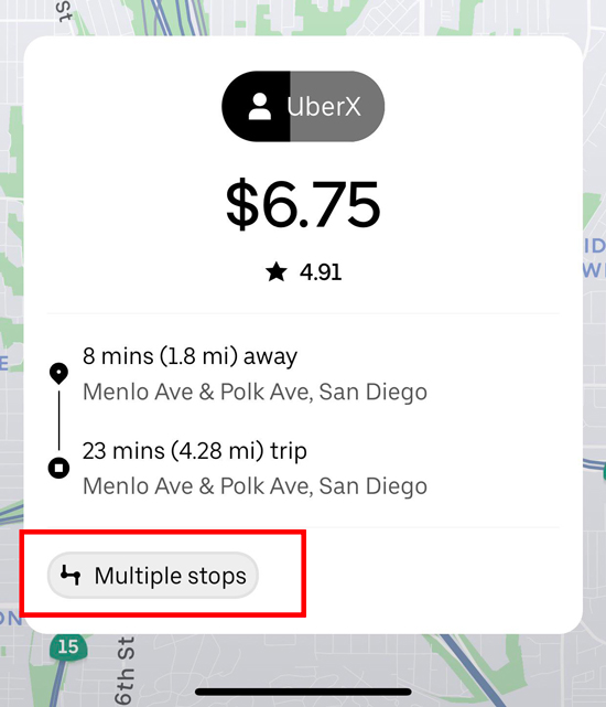 an uber ride request with a label that says 'multiple stops'
