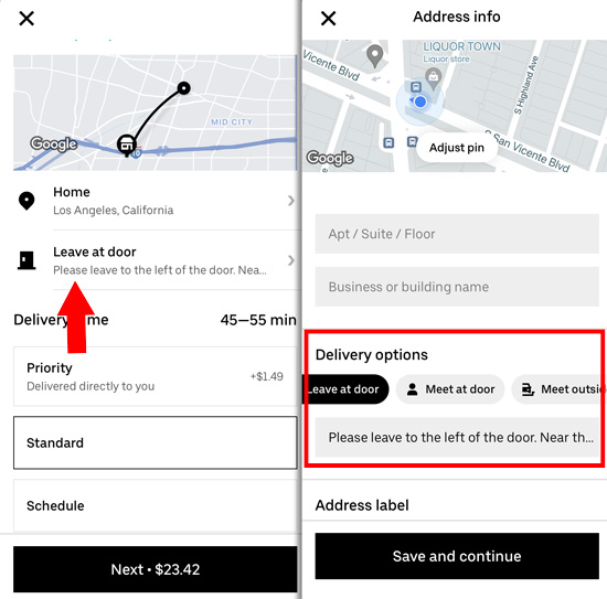 Settings in the uber eats app to change drop-off options