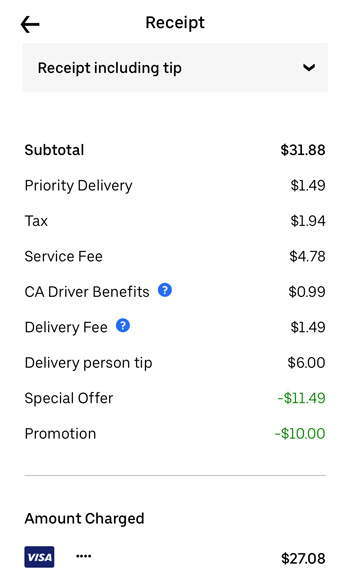 A receipt for an Uber Eats order showing various charges