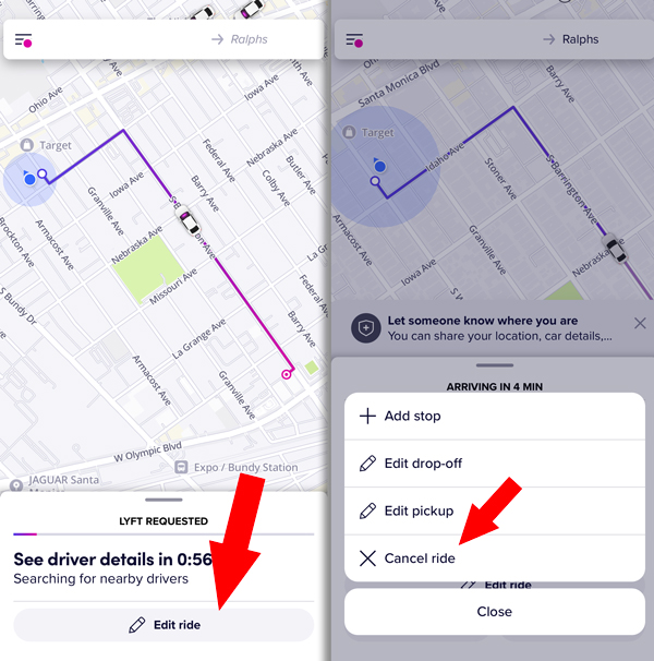 Steps to cancel a Lyft before your driver picks you up. Tap edit ride, then cancel