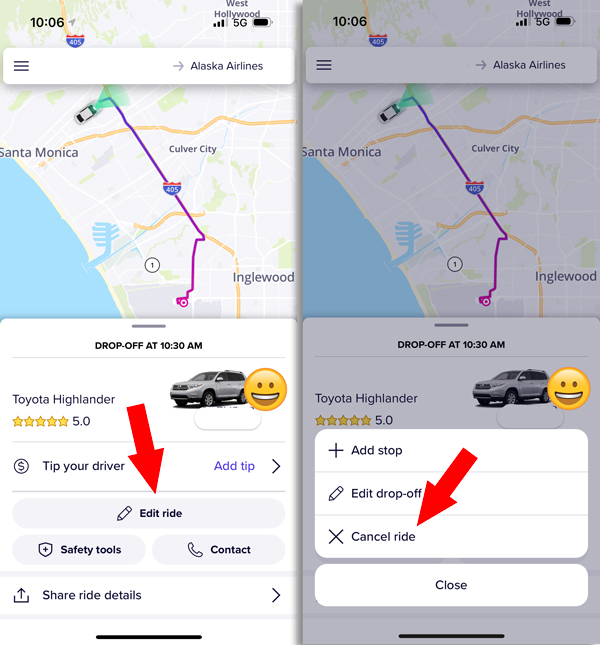 Steps to cancel a lyft ride while you're inside a lyft. tap edit ride, then cancel