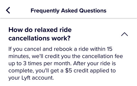 Screen in the lyft app explaining the flexible cancellations benefit for Lyft Pink members