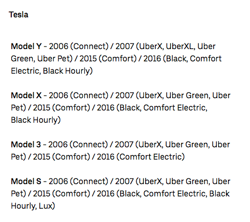 a list of Tesla models and the uber services that they qualify for