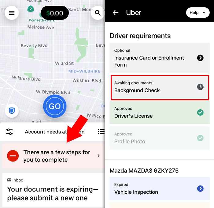 Uber driver app showing additional application steps to complete