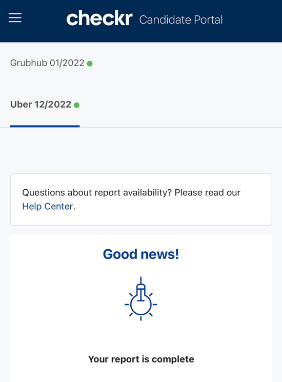 A page at Checkr.com that says, "good news, your report is complete!"