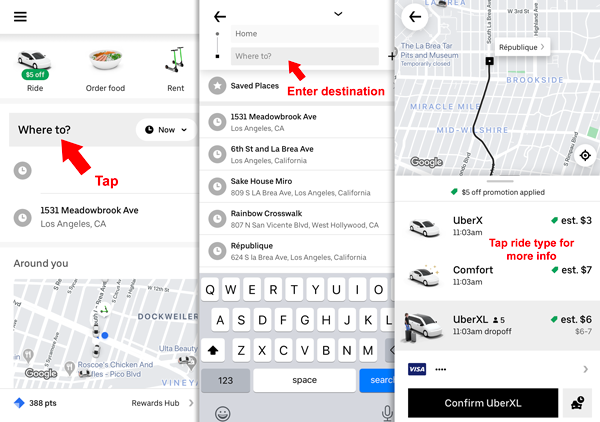 Steps in the Uber app to get a fare estimate