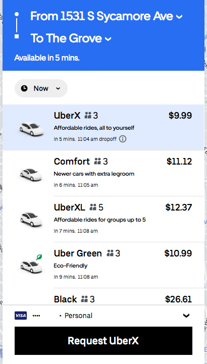 List of uber prices in a fare estimate tool at uber.com