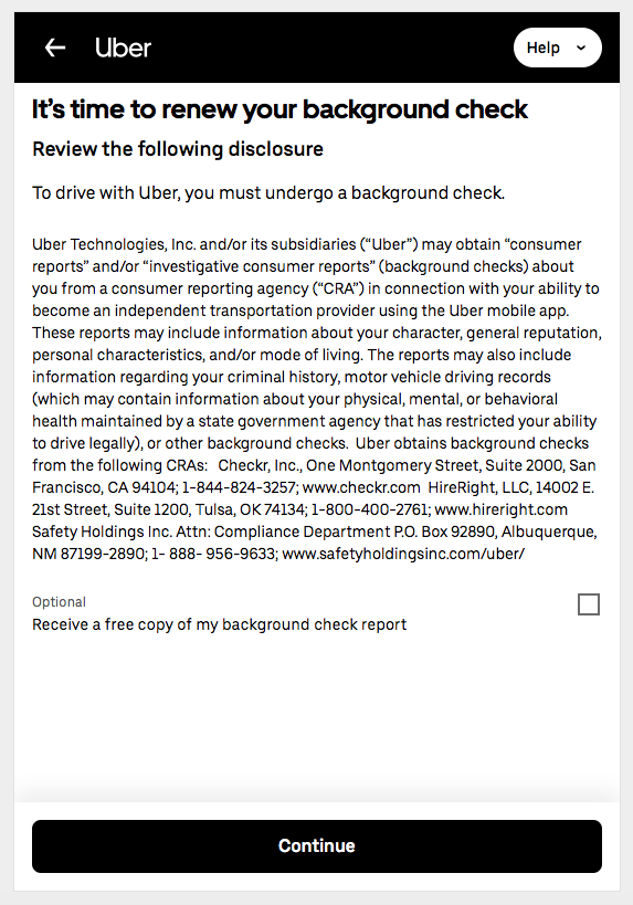 A notice from Uber letting a driver know that they need to consent to renew their background check