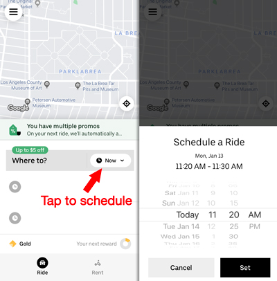 Tap the clock icon to schedule an Uber