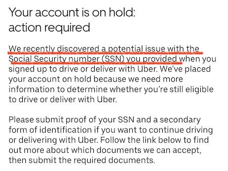 a message from uber requesting more SSN info