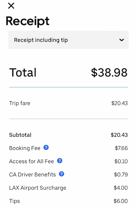 Uber ride receipt for $38.98. The trip fare is $20.43 and the rest of the costs are for fees and tip