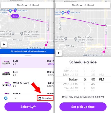 Instructions in the Lyft app to schedule a ride