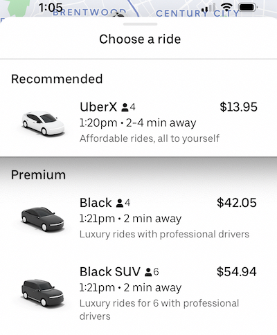 screen in the uber app that shows an UberX ride for $14. the same ride is $42 on uber black