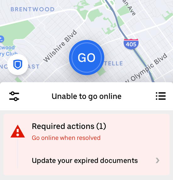 Uber driver app screen with notice that says 'unable to go online - required actions.'