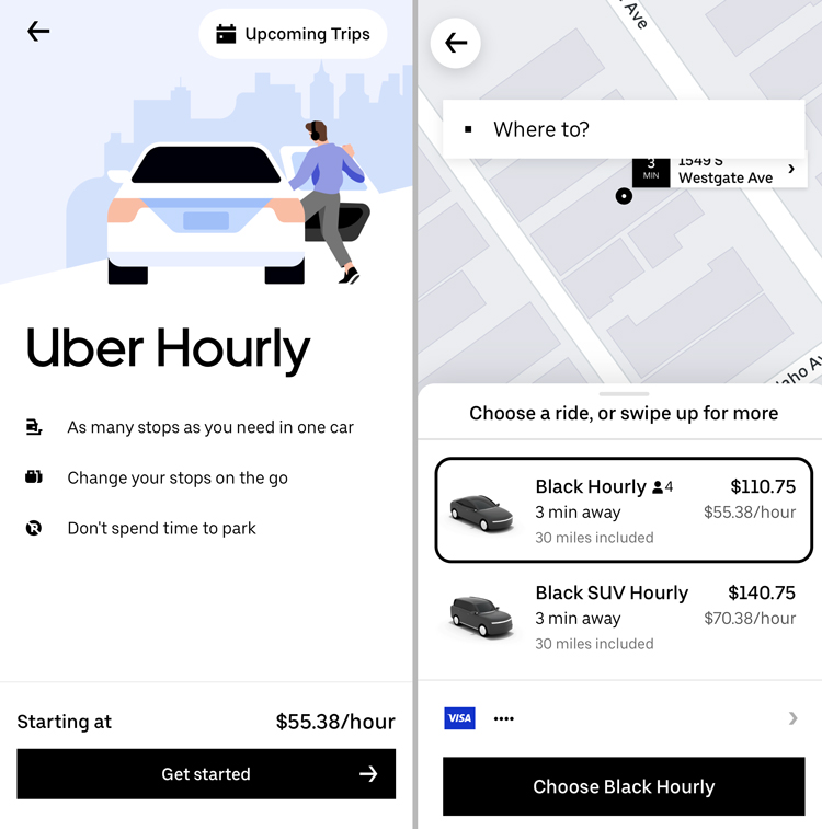 Uber app screen showing Uber Black hourly for $55 per hour, and Black SUV for $70 per hour