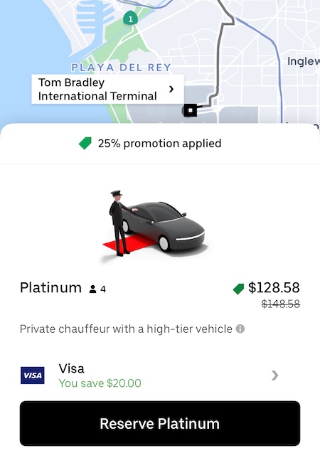 screenshot of the uber app with the platinum ride type selected