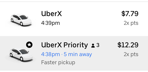 Uber app showing two options: UberX and UberX Priority