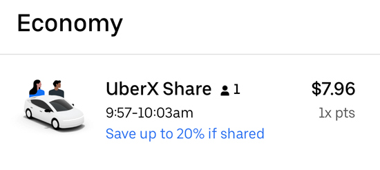 The UberX share option in the uber app promising 20% off for sharing a ride