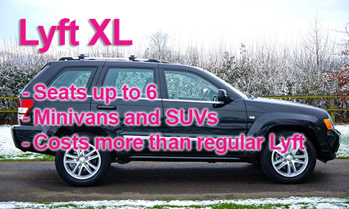 An image of an SUV with text that says: Lyft XL, Seats up to 6. minivans and SUVs. costs more than regular Lyft