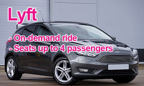 A 4-door hatchback car with text that says: Lyft. On-demand ride, seats up to 4 passengers