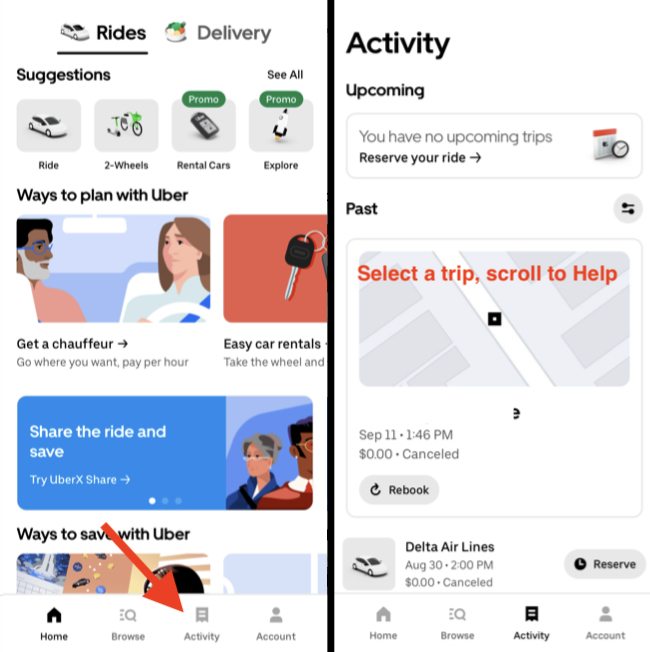side by side image of the Uber app, with an arrow pointing at the Activity menu item