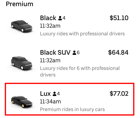Uber app showing ride prices for Black, Black SUV, and Lux. Lux is the most expensive