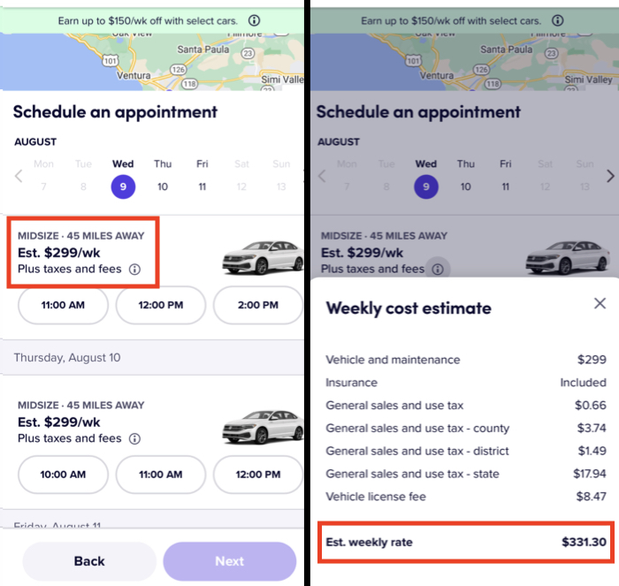 side by side image of lyft rental listings and extra details about pricing