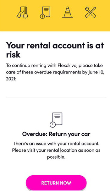 A warning in the Lyft app about returning an express drive rental