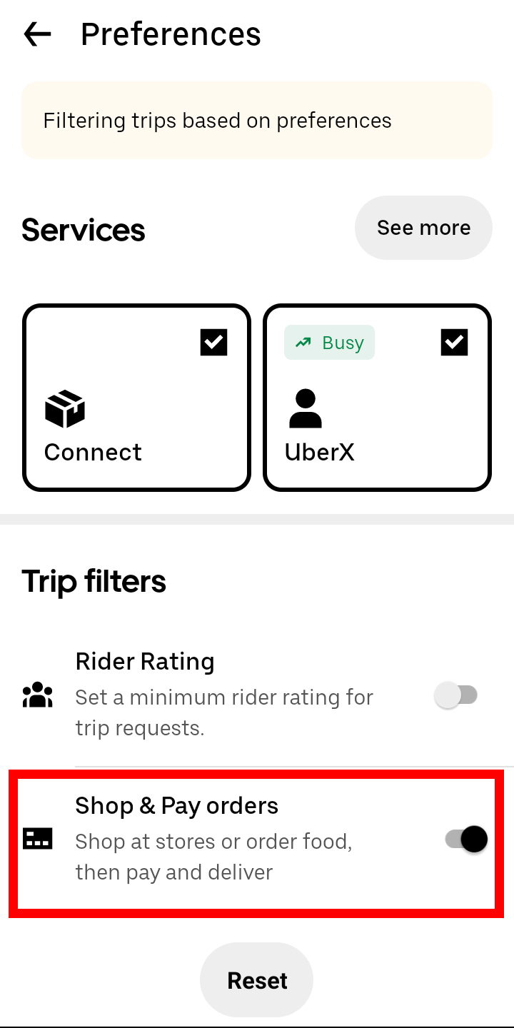 Preference pages of the uber driver app. The 'shop and pay' button is circled in red