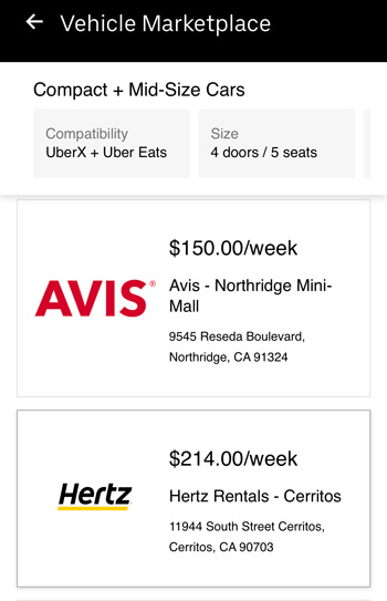 Uber car rental listings for Avis and Hertz in Los Angeles