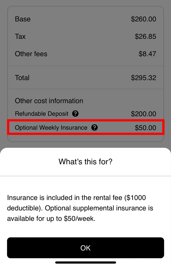 Uber app screen with information about optional supplemental insurance. $50 per week
