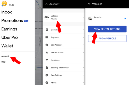 steps to see uber rental options in the driver app