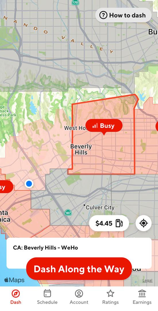 doordash map with a region in red and an option that says 'dash along the way'
