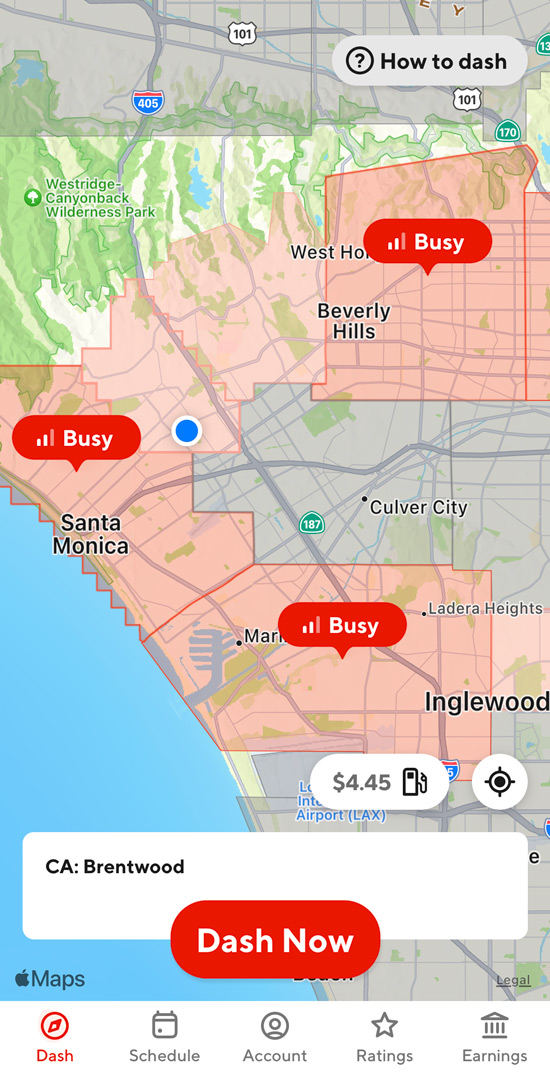 doordash map showing outlined delivery regions. some are red, some are gray