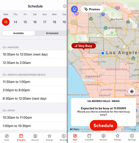 DoorDash schedule and dasher map