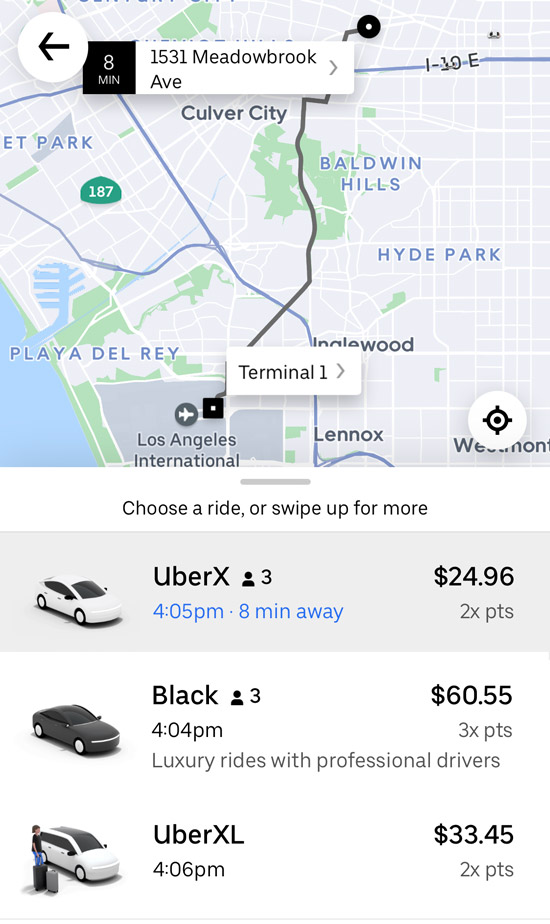 Uber app showing Uber Black ride for $65 and UberX for $25