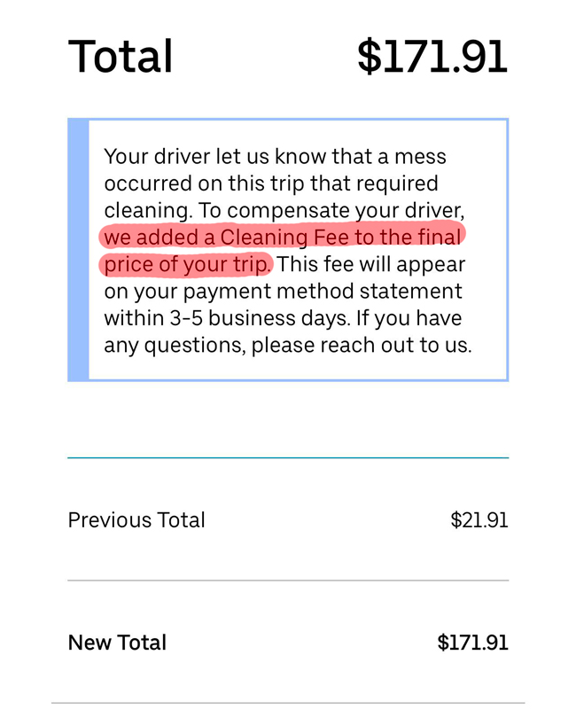 A message from Uber letting a customer know that they were charged $150 for a cleaning fee