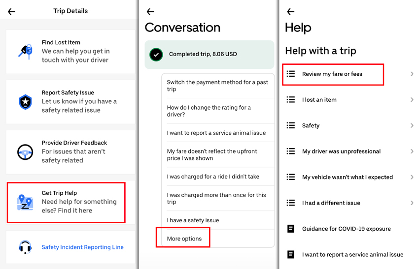 Steps in the uber app to dispute a fee. Select 'Get Help' and find the best option