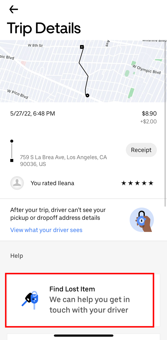 Uber trip receipt with a button that says 'find lost item'