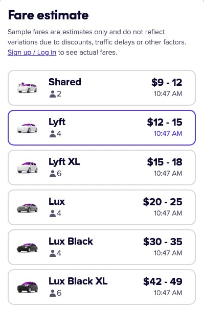 a list of lyft price estimates for all of the lyft ride prices, ranging from $9 to $42