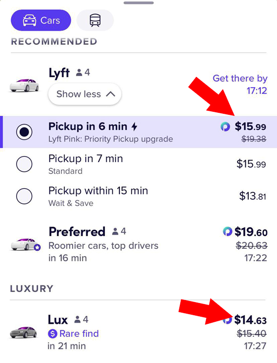 A lyft lux ride for $14.63 when a regular Lyft is $15.99