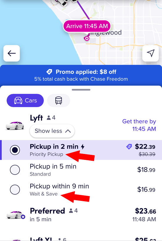 Lyft ride options: Priority pickup for $22, Wait & Save for $16