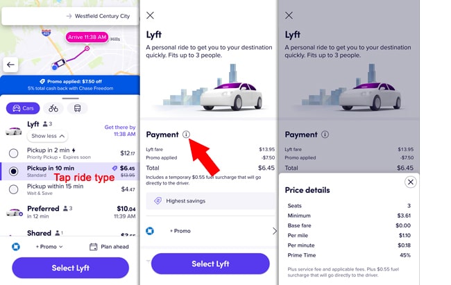 steps to see mileage and time rates: tap a ride type for more info